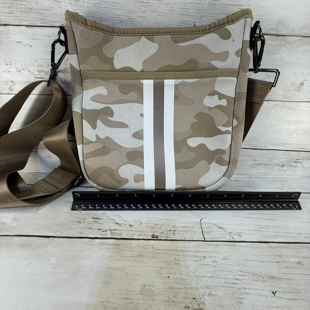 Haute Shore Drew Neoprene Crossbody Bag Tan Camo Racing Stripe Messenger Small